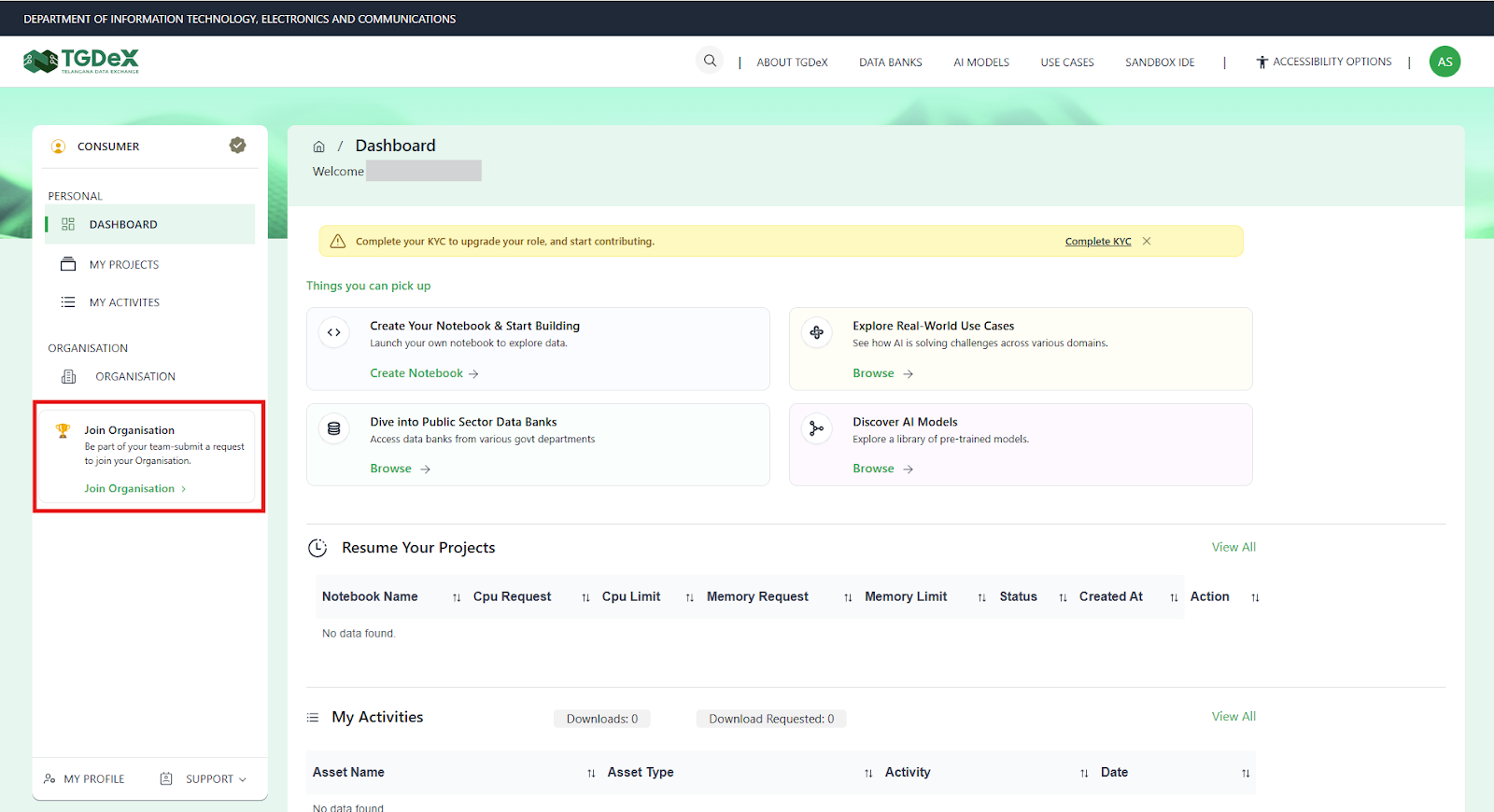Accessing Join Organisation option